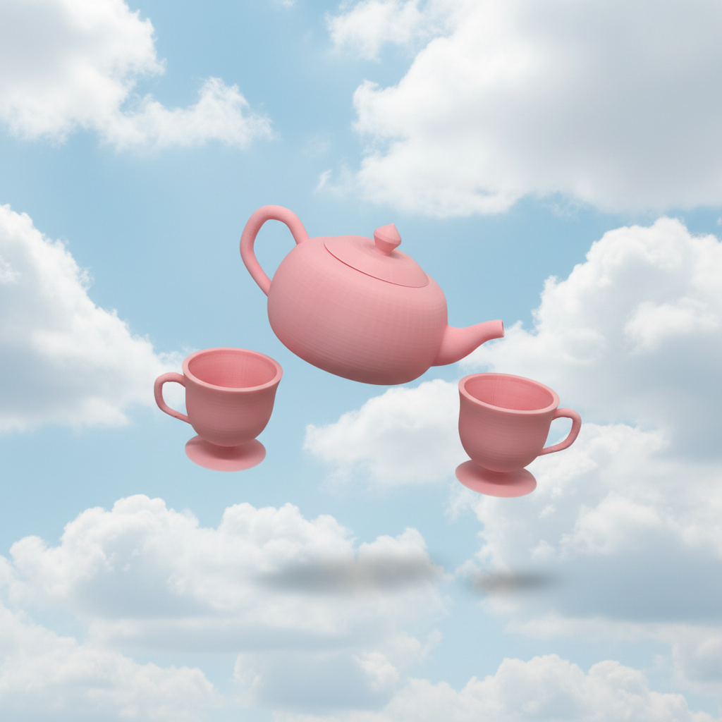 3D printed pink tea set toy against pastel blue sky