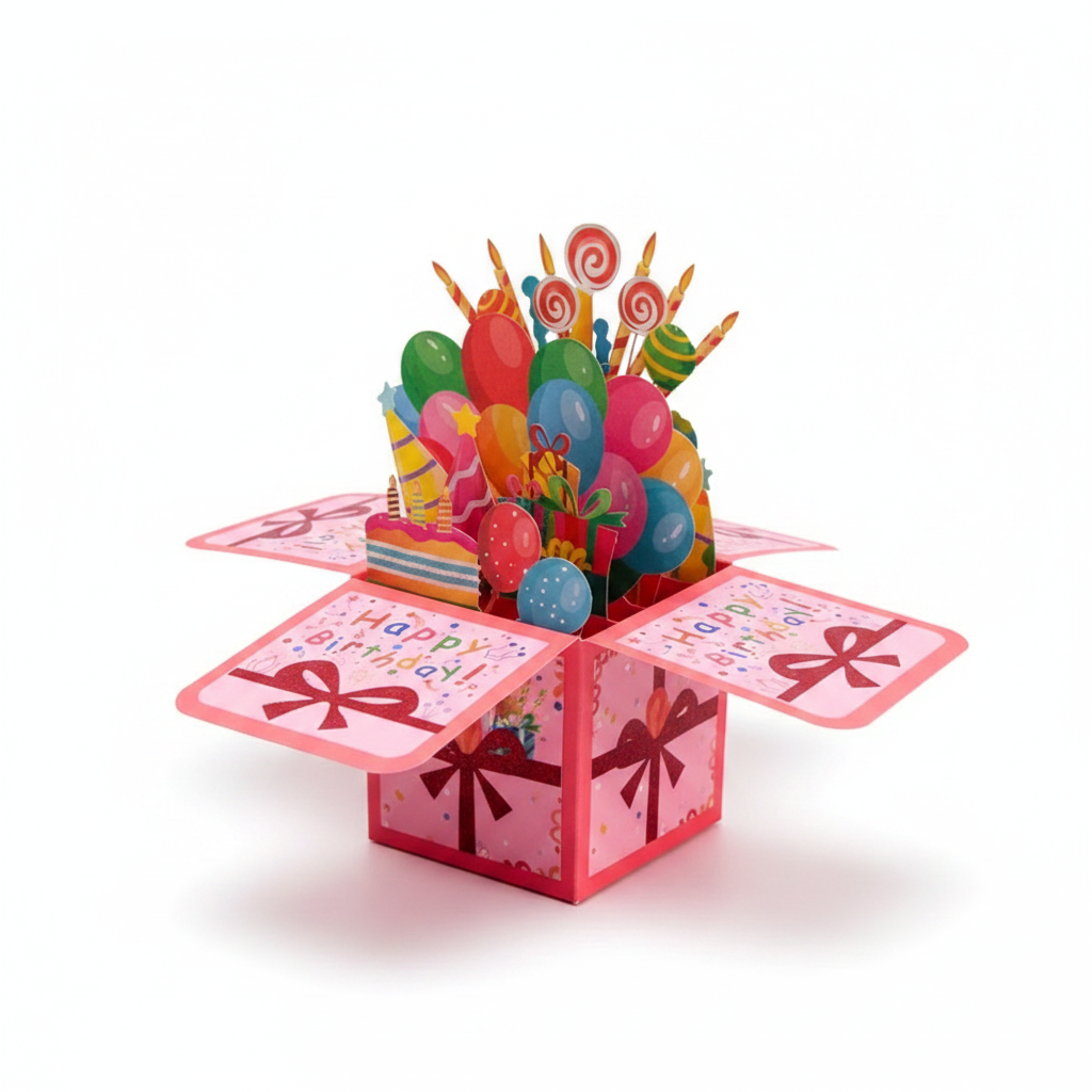Happy Birthday 3D Pop-Up Card (Cartoon Theme) + Envelope — Blank Note Inside