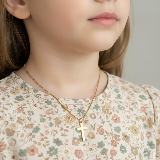 304 Stainless Steel Cross Pendant Necklace (Box Chain) Golden