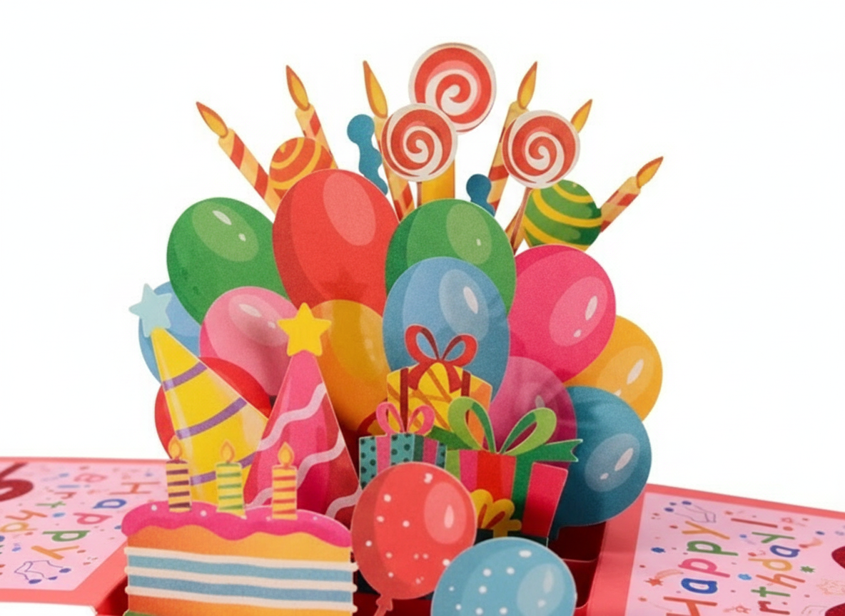 Happy Birthday 3D Pop-Up Card (Cartoon Theme) + Envelope — Blank Note Inside
