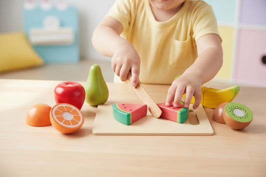 Child playing with wooden fruit cutting set on a wooden table