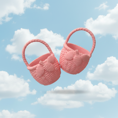3D printed pink woven basket toy against pastel blue sky
