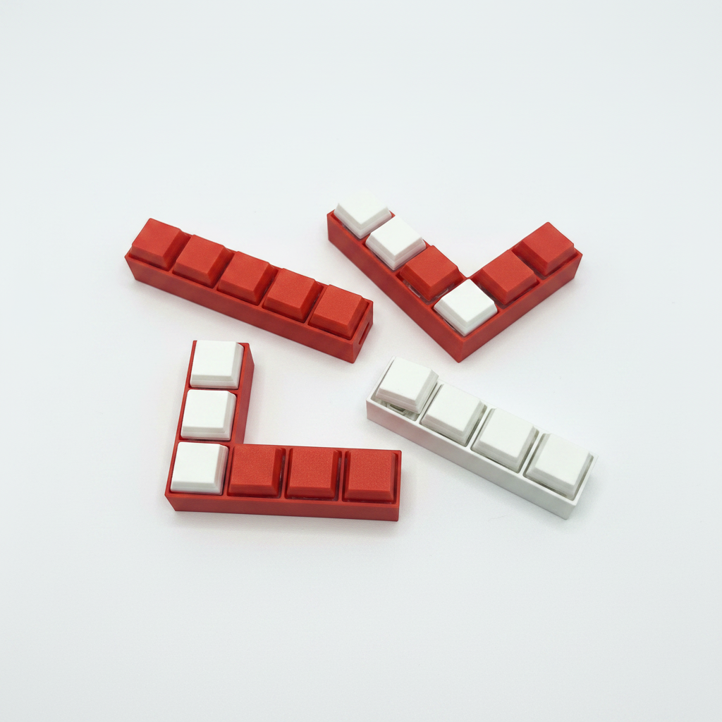 Tetris block fidget clickers in red and white on white background product shot
