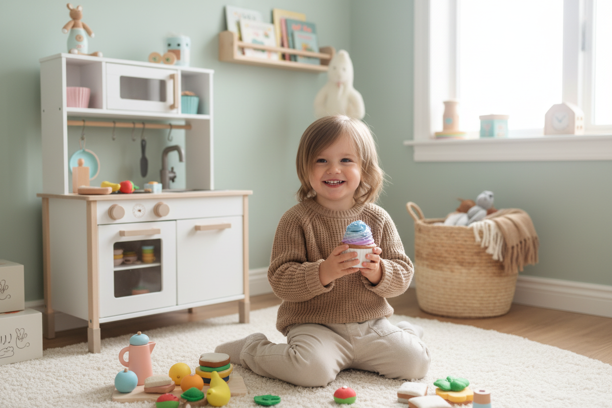 Child playing with 3D printed cupcake toy in playroom