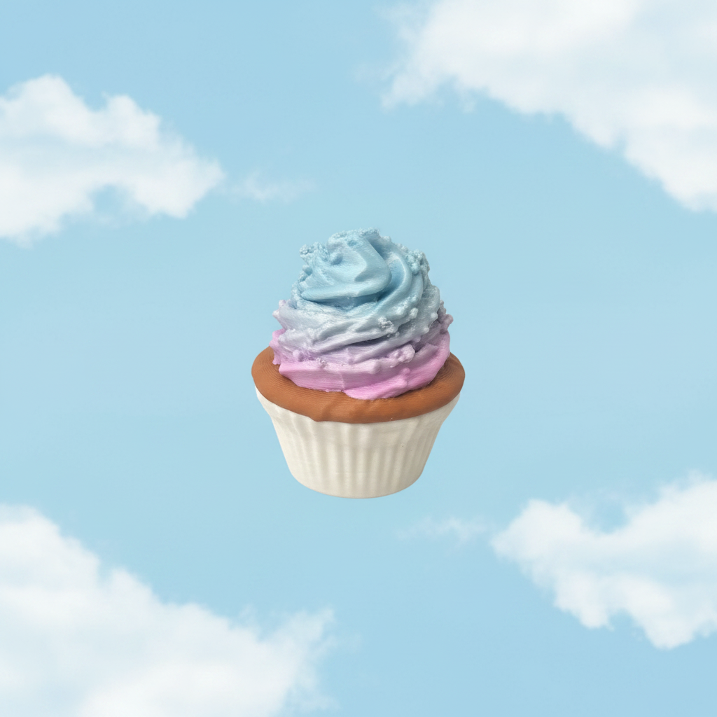3D printed ombre cupcake toy against pastel blue sky