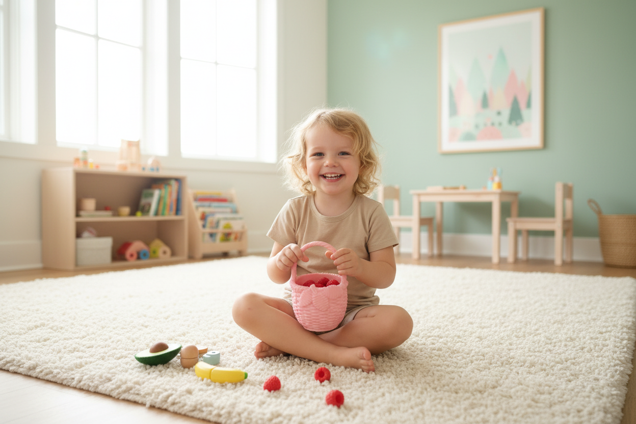 Child playing with 3D printed pink basket toy in playroom