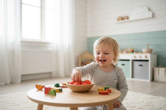 Child playing with 3D printed raspberry toys in playroom