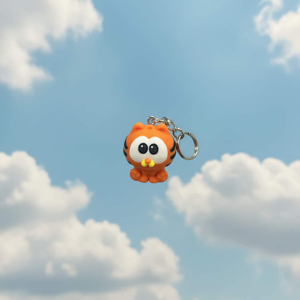 3D printed orange tiger cat keyring figurine against pastel blue sky